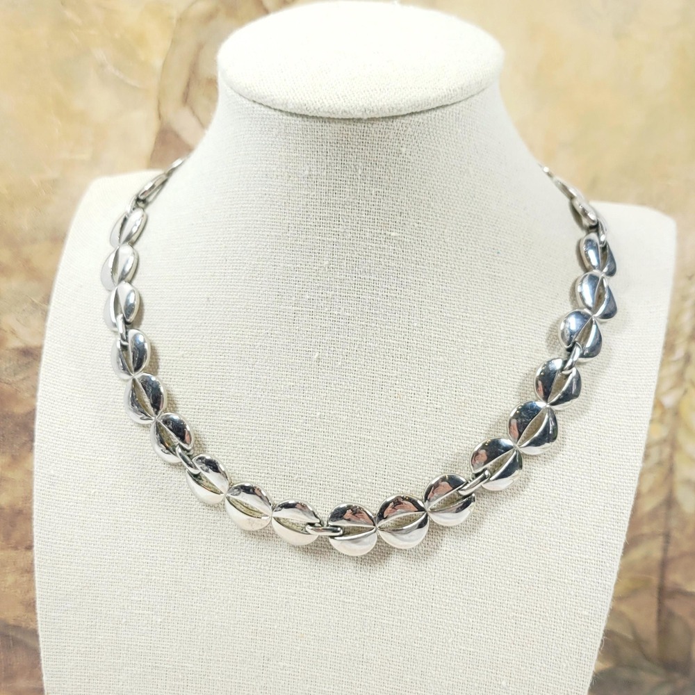 Vintage Monet Silver Link Choker Necklace Retro 1980s Polished Metal